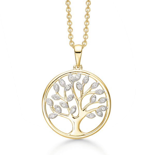 Støvring livets träd halsband i guldpläterat silver med zirkonstenar - 42-45 cm
