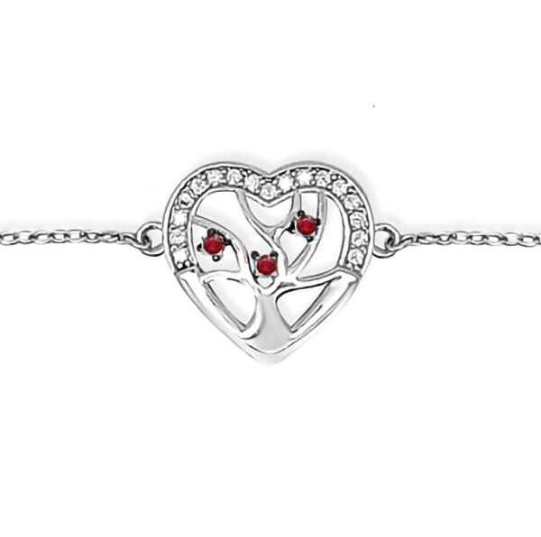 Tree of life hjärtaarmband i silver med röda och vita zirkonstenar - 16,5+3 cm