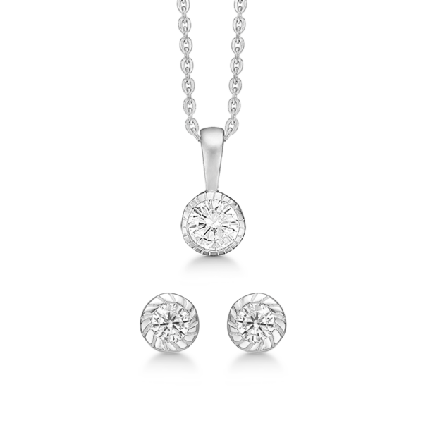 Silversmyckeset, facetterad zirkon i tubinfattning med mönster på kanten.
