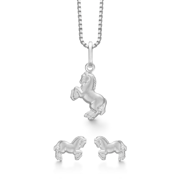 Hästsmycken i matt silver. Halsband och örhängen