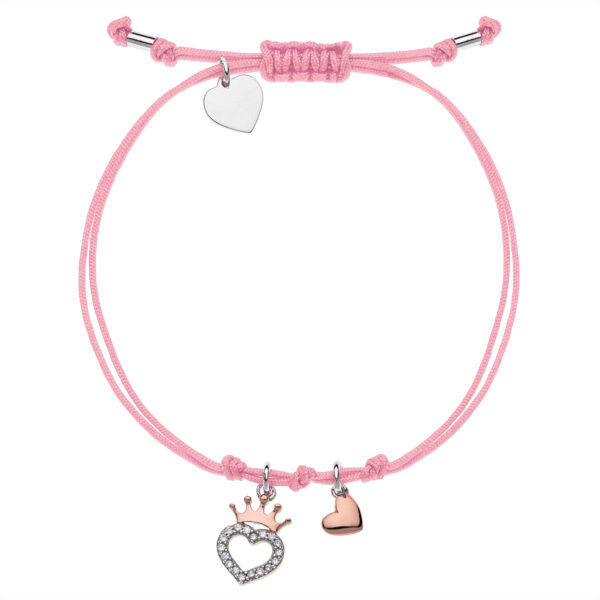 Silverarmband rosa krona och 2 hjärtan på ett rosa band. Längd 17 cm.