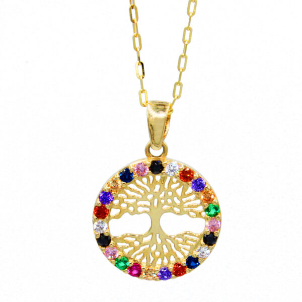 Livets träd halsband 14 karat guld, med färgade stenar
